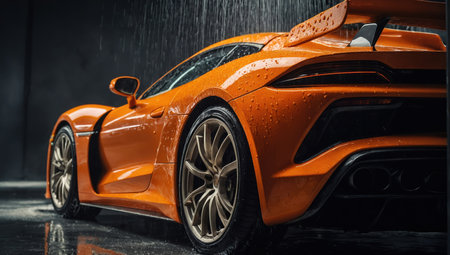 Close up of orange sports car with water dropsの素材