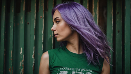 woman with purple hair and green T-shirtの素材