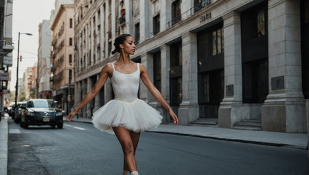 Beautiful ballerina in white tutu dancing on the streetの素材
