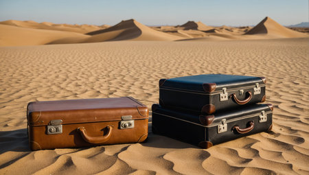 Suitcases in vast desert landscapeの素材