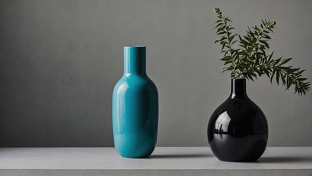 Blue ceramic vase on concrete background. Minimalistic interior designの素材