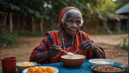 old lady eating porridgeの素材