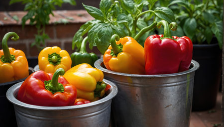 Colorful bell peppers in metal bucketsの素材