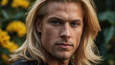 Portrait of a handsome blond man with blond hair and blue eyesの素材