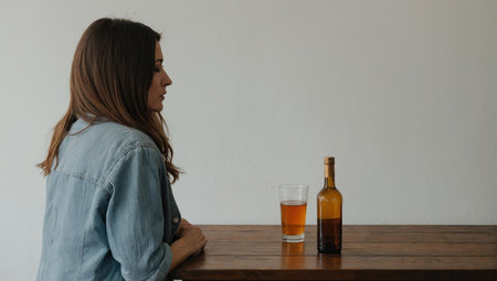 Side view of thoughtful woman sitting at table with glass of whiskey and bottleの素材