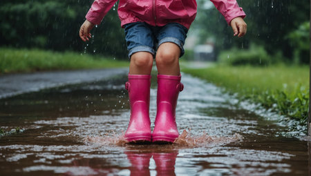 Little girl in rain boots jumping in puddles after heavy rainの素材