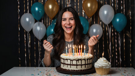 happy woman with birthday cakeの素材