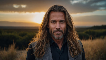 Handsome man with long blond hair and beard in a wheat field at sunsetの素材