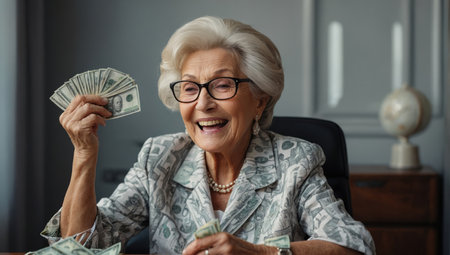 Cheerful senior woman in eyeglasses counting money at homeの素材