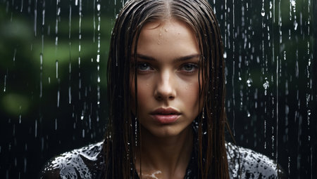 Portrait of a beautiful young woman under the rain. Beauty, fashionの素材