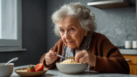 sweet old lady having breakfastの素材
