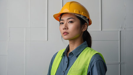 female builder in hard hatの素材