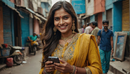 Indian woman walking around the cityの素材