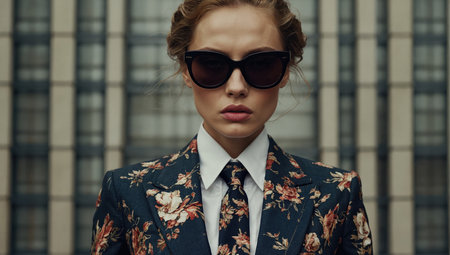 Fashion portrait of a beautiful woman in sunglasses on the background of the buildingの素材