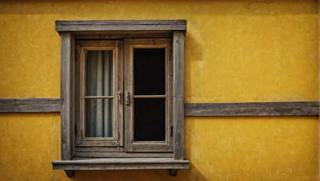 Old wooden window on yellow wall. Vintage style. Selective focusの素材