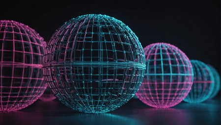 Abstract 3d rendering of wireframe sphere with neon lights. Futuristic backgroundの素材