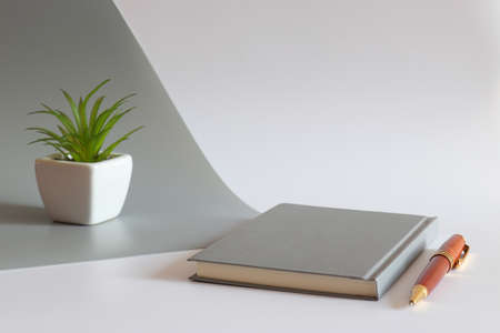 Modern work place with notepad, pen and plant. Selective focus, copy space. Business and education concept.の写真素材