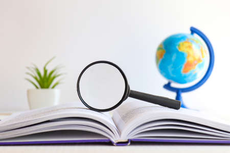 Desktop with magnifying glass, book, globe, and plant. Copy space, selective focus. Education and...