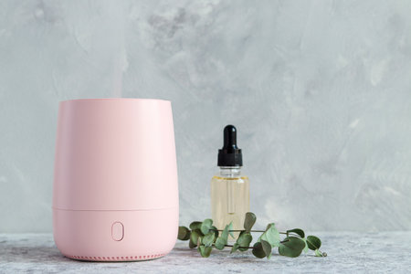 Humidifier or aroma lamp turned on the table with essential oil and eucalyptus branches. The concept...