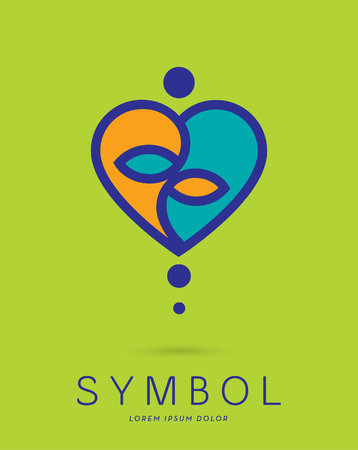 MINIMAL HEART, YOGA LOGO TEMPLATE, LOVE YOGA LINE ICON, LEAF, PERSON SILHOUETTEのイラスト素材