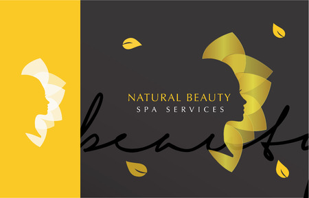 LUXURY VECTOR LOGO / ICON DESIGN OF A WOMAN'S FACE WITH GOLDEN LEAFS , SPA, BEAUTY, WOMAN LOGO TEMPLATEのイラスト素材