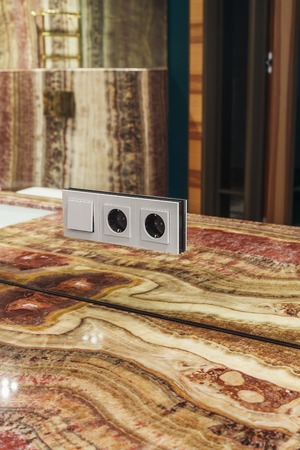 Switch and socket mounted in a mirrored wall