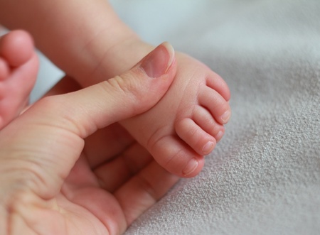 Closeup portrait of mother holding small baby foot in the handの写真素材