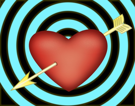 Big red heart with yellow arrow on spiral blue black backgroundのイラスト素材