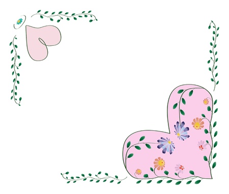 Frame with pink hearts and flowers with leaves isolated on whiteのイラスト素材