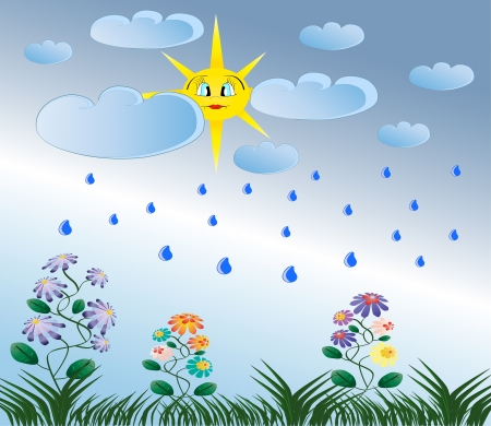 Summer rain, yellow sun, green flowers and grass nature illustrationのイラスト素材