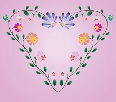 Heart frame from colotful flowers vector illustration on pinkのイラスト素材