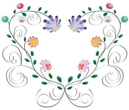 Heart frame from curls and colorful flowers isolated on white backgroundのイラスト素材