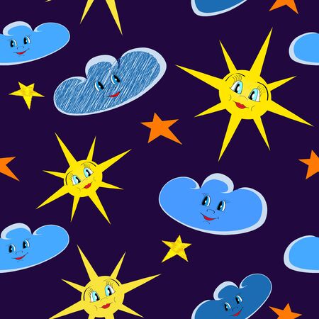 Happy smiling sun, clouds, stars seamless illustration on dark night skyのイラスト素材