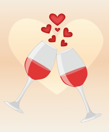 Happy anniversary  Two glasses of red wine on heart background illustration