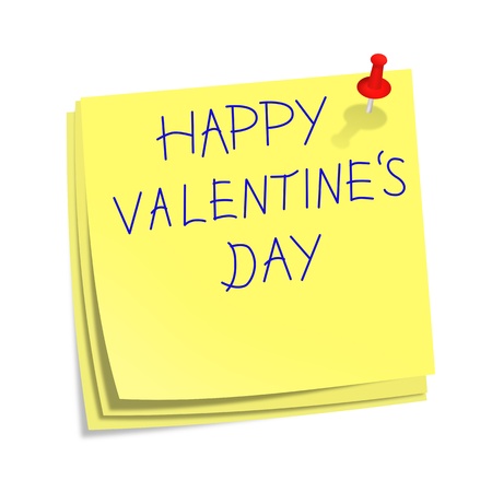 Stick notes with happy valentine text on and red pin isolated on white