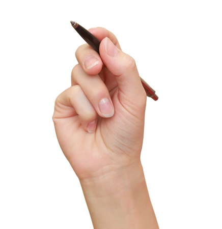 Woman hand writing the pen on empty space isolated on white backgroundの写真素材