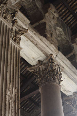 Beautiful old marble column of Pantheon historic Italy temple of Gods in day light. Closeupの写真素材