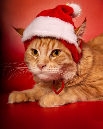 Fun orange maine coon cat in christmas santa claus cap resting and lying in gift bag near the decor ball on red background. Closeup portraitの写真素材