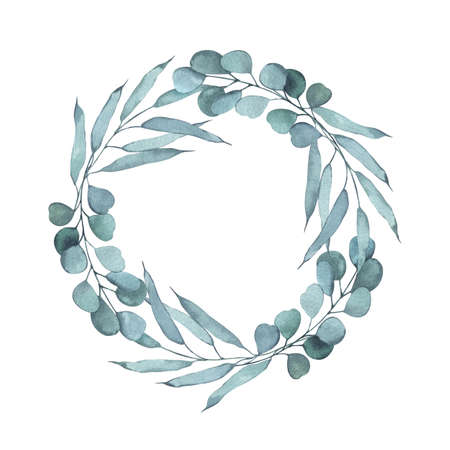 Watercolor christmas mint eucalyptus leaves wreath. New year illustration hand drawing isolated on white background. For holidays card, winter poster,banner,wallpaper,wrapping paper,design, printの写真素材