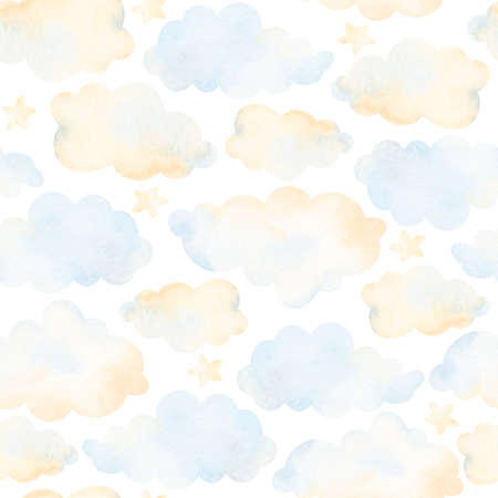 Watercolor clouds, moon, stars, seamless pattern. Watercolor illustrations clip art for nursery decorations. For t-shirt print, wear fashion design, baby shower, kids cards, linens, wall stickers.の写真素材