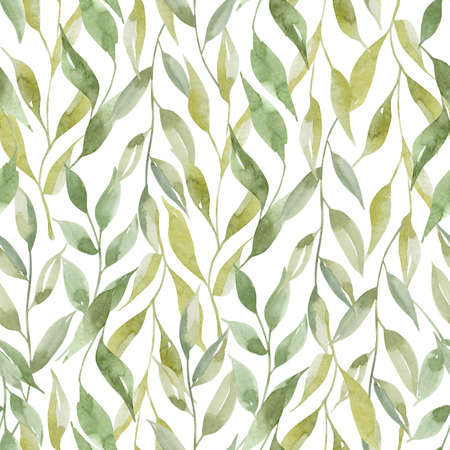 Watercolor hand-drawn floral background seamless pattern with spring green leaves. Isolated on white background. For fabric, textile, print, bedding, wrapping paper, decoration for wear.の写真素材