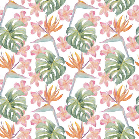 Strelitzia, palm tree, monstera leaves. Tropical exotic bright seamless pattern. Watercolor hand made botanical print. On white background. For summer beach textile, wallpaper, wrapping paper.の写真素材