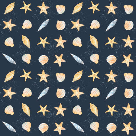 Watercolor sea seamless pattern of starfish, seashells, conch, peonies on an isolated white...