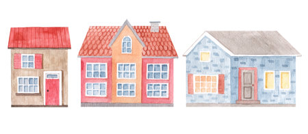 Watercolor cute rural red, blue house . Vintage hand-drawn illustration for postcard, poster, souvenir, kids cards, birthday, background, Greeting card, invitation.の写真素材