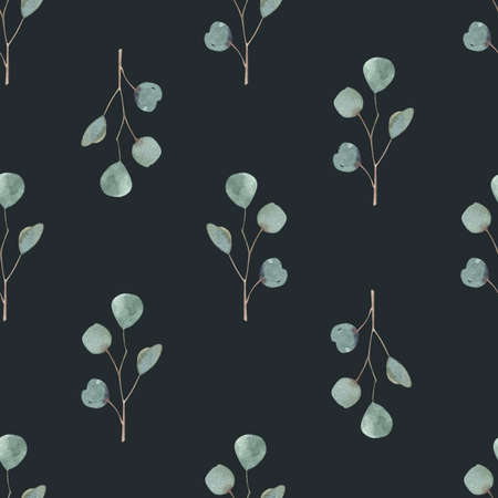 Christmas seamless pattern with green leaves, eucalyptus. Hand made illustration. New year on dark background. for textile, greeting cards,wallpaper, wrapping papers, holiday.の写真素材