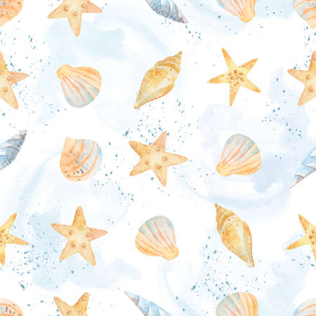 Watercolor sea seamless pattern of starfish, seashells, conch, peonies on an isolated white background. underwater world hand drawing, summer clipart. Postcards, packaging, fabric, design, textile.の写真素材