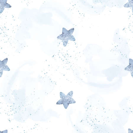 Watercolor seamless pattern gentle golden and blue stars on white background. Hand made illustrations print. For design, baby room, cards, linens, linen, wallpaper, cases design, posters.の写真素材