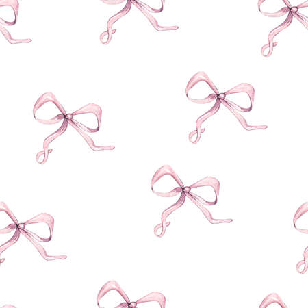 Watercolor Provence cute pink bow seamless pattern. Isolated on white background. Hand drawn illustration. For valentine or birthday cards, linen, textile, save the date, greetings design, wedding.の写真素材