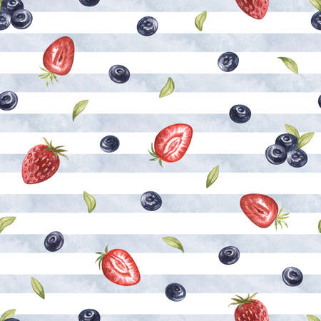 Watercolor seamless pattern of juicu wild berries blueberries, strawberries on blue stripes...