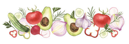 Eco food set menu background banner. Watercolor hand drawn vegetables elements, garlic, cucumber, salad, tomato, pepper, organic, avocado, leaves, onion. For restaurant kitchen textile fabricの写真素材